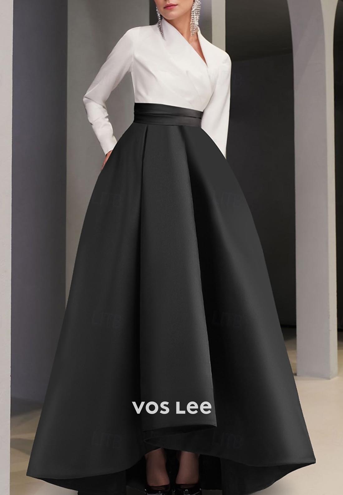 A-Line Long Sleeves Empire Waist High Low Pleated Evening Dress with Train