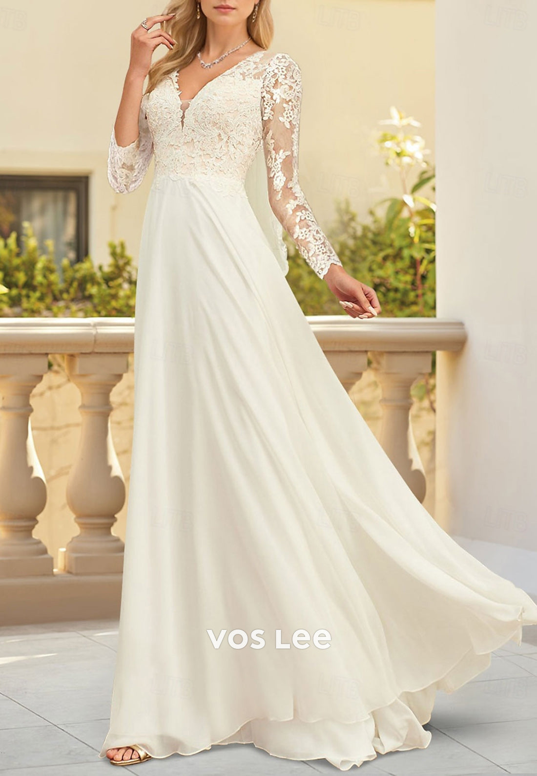 Simple Long Sleeve V Neck Appliques Lace Pleated Floor-Length Wedding Dresses