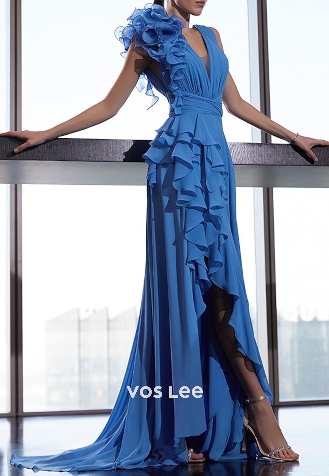 Couture & Ornate Tiered Floral Embossed V Neck Evening Dress with Brush Train