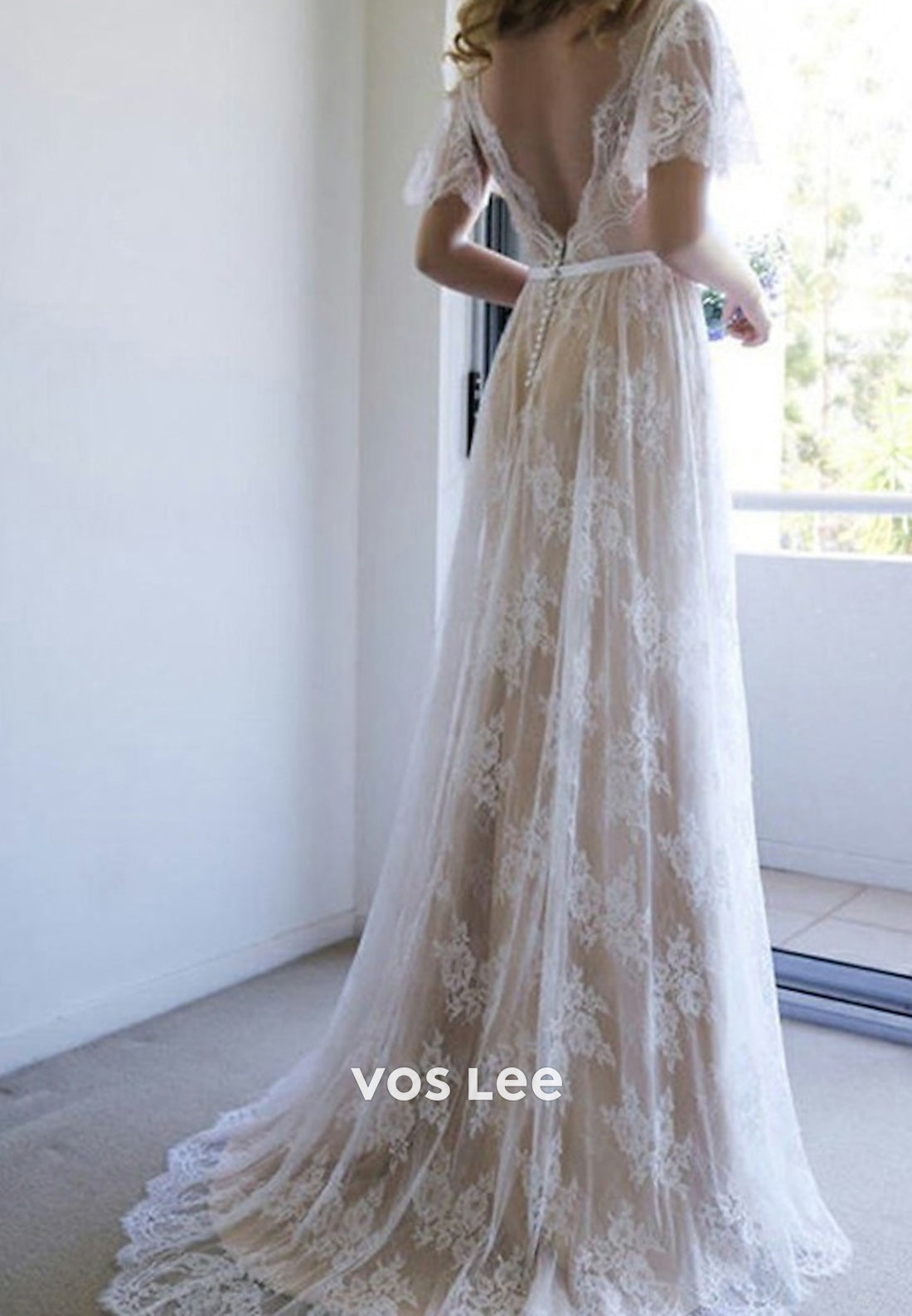 A-Line Flutter Sleeves V Neck Appliques Lace Wedding Dresses with Sweep Train