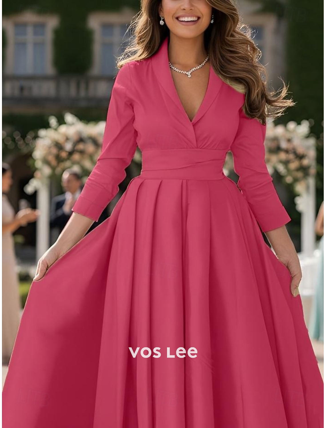 Hot Pink Fit-and-Flare Maxi Dress | Shawl Collar 3/4 Sleeve Formal Gown with Wrap Bodice