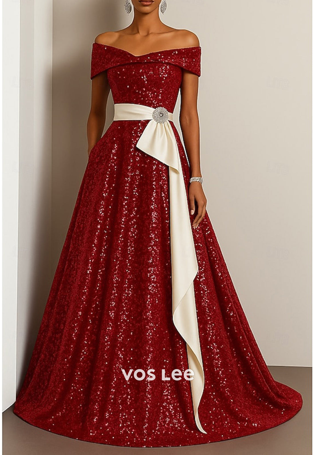 Fully Sequined A-Line Off the Shoulder Rhinestone Evening Dresses