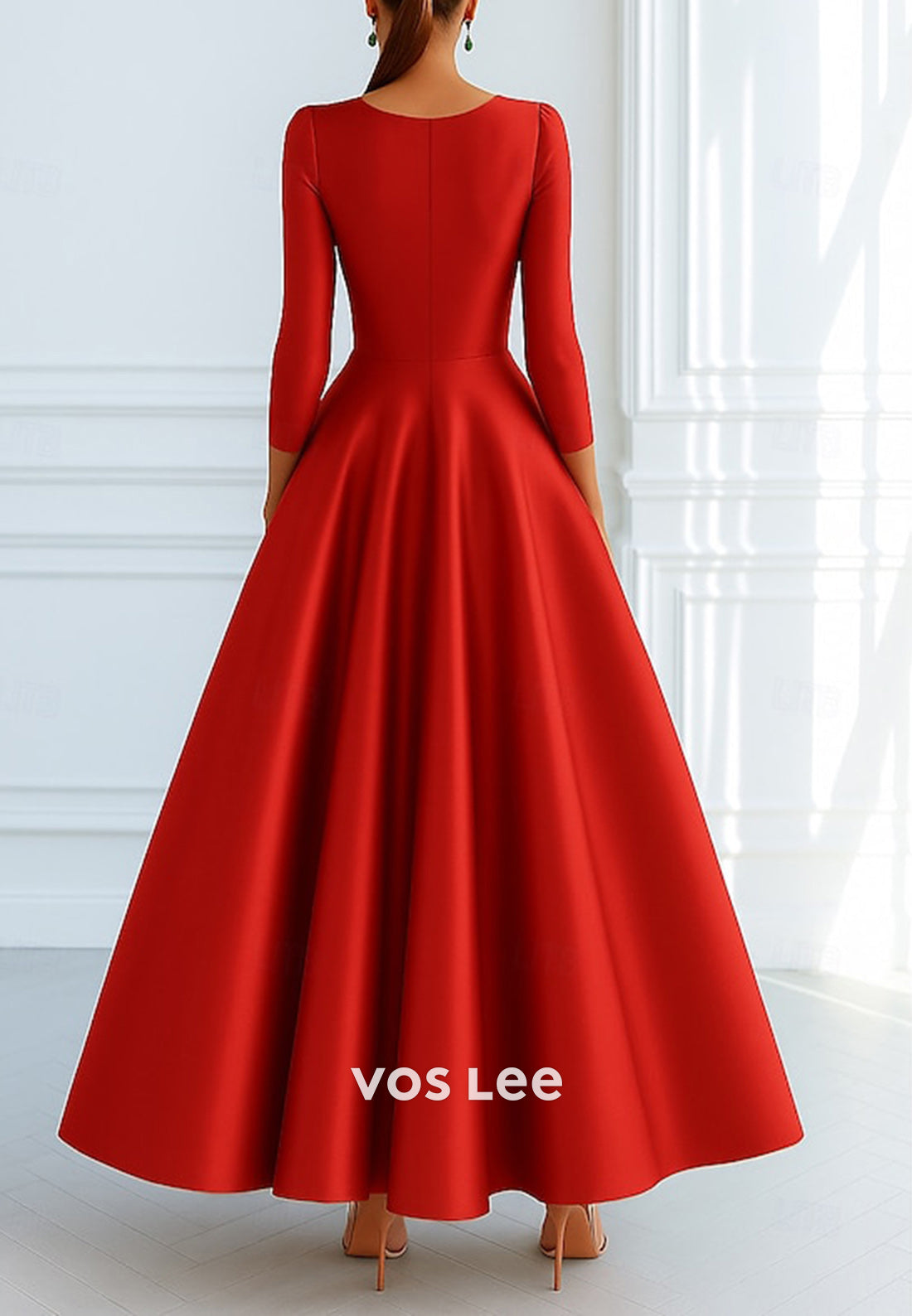 A-Line V Neck 3/4 Sleeve Bowknot Ankle-Length Evening Dresses