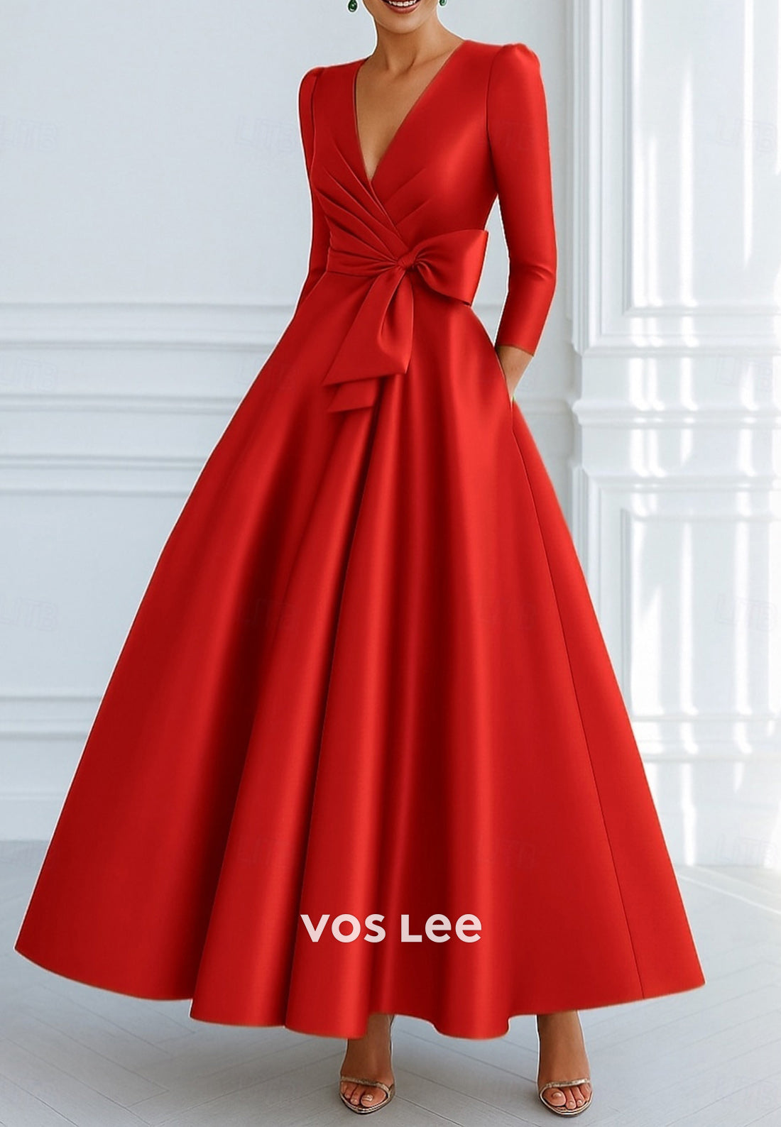 A-Line V Neck 3/4 Sleeve Bowknot Ankle-Length Evening Dresses