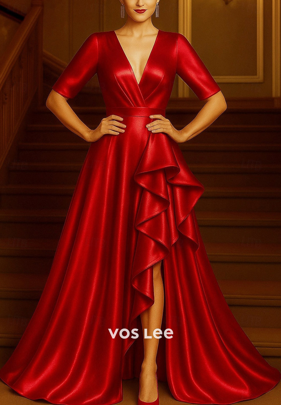 A-Line V Neck Short Sleeve High Split Evening Dresses with Sweep Train