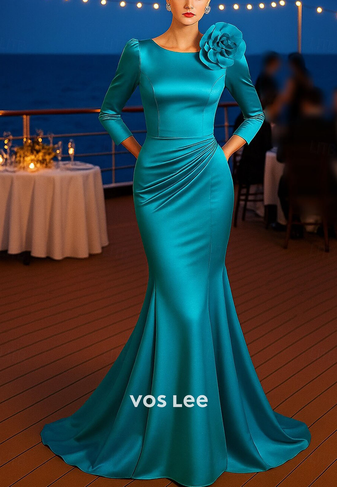 Elegant Long Sleeves Pleat Evening Dress With 3D Flowers