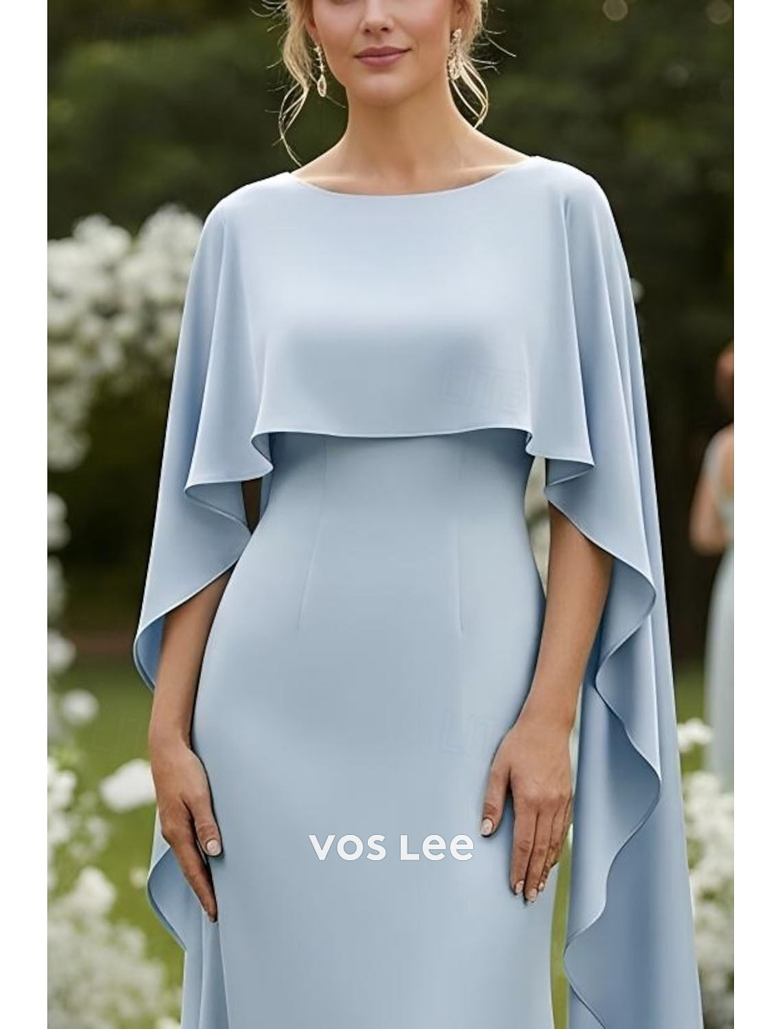 Sky Blue Cape Sleeve Maxi Dress | Elegant Mother of the Bride Formal Gown