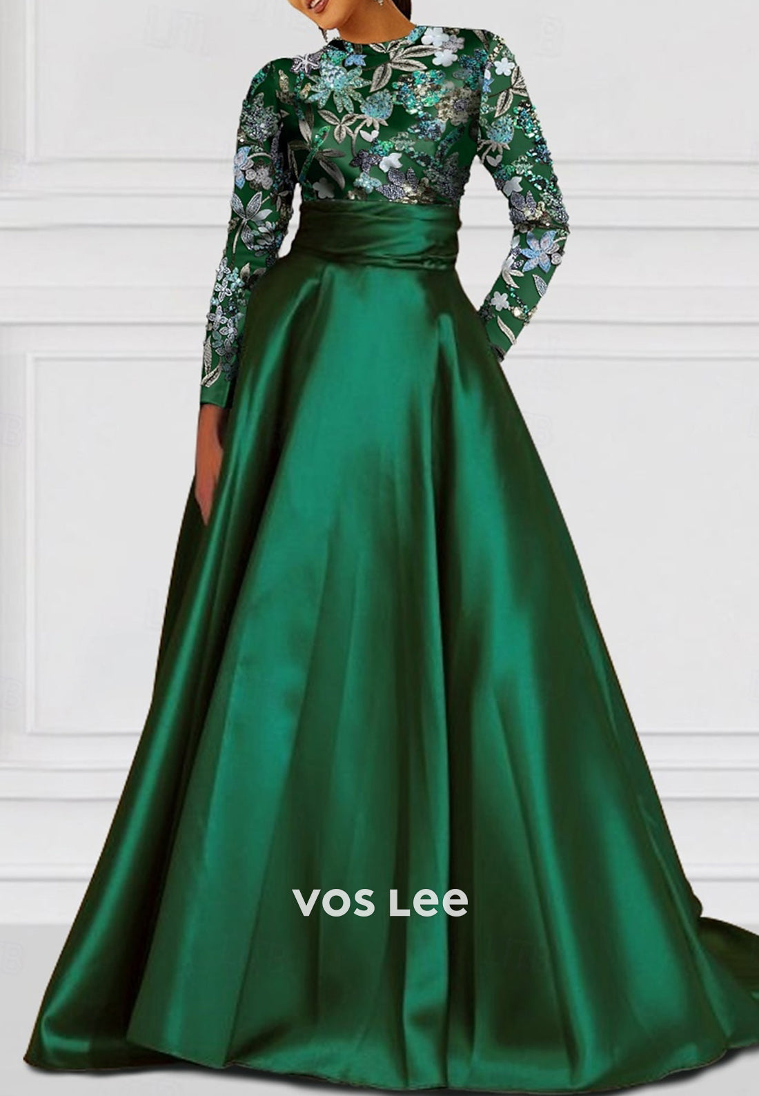 Long Sleeve Scoop Appliqued A-Line Evening Dresses with Court Train