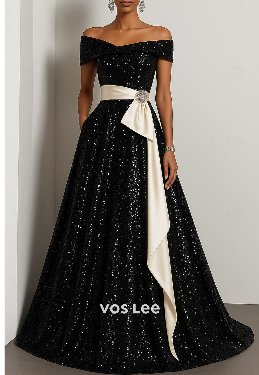 Fully Sequined A-Line Off the Shoulder Rhinestone Evening Dresses
