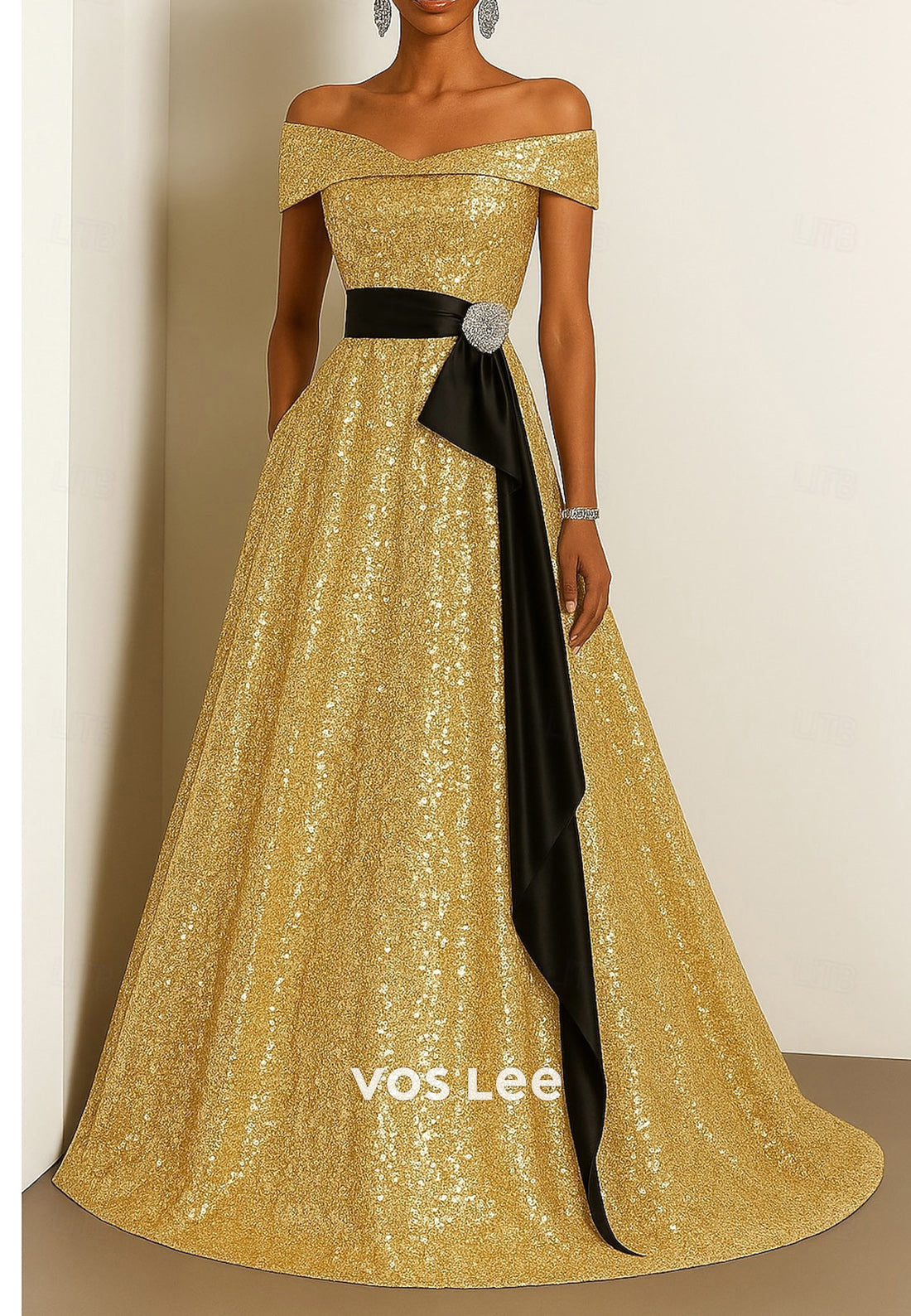 Fully Sequined A-Line Off the Shoulder Rhinestone Evening Dresses