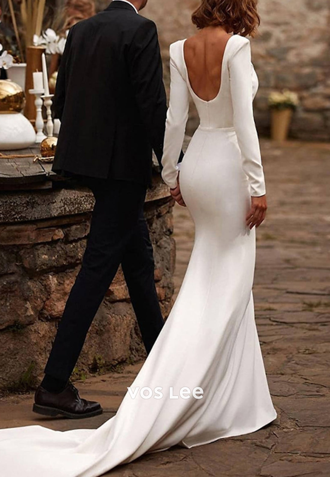 Simple & Classic Long Sleeve Square Pleated Mermaid Wedding Dresses with Sweep Train