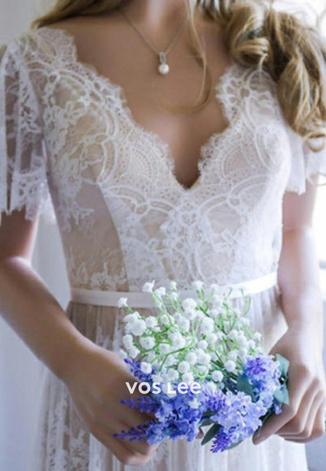 A-Line Flutter Sleeves V Neck Appliques Lace Wedding Dresses with Sweep Train