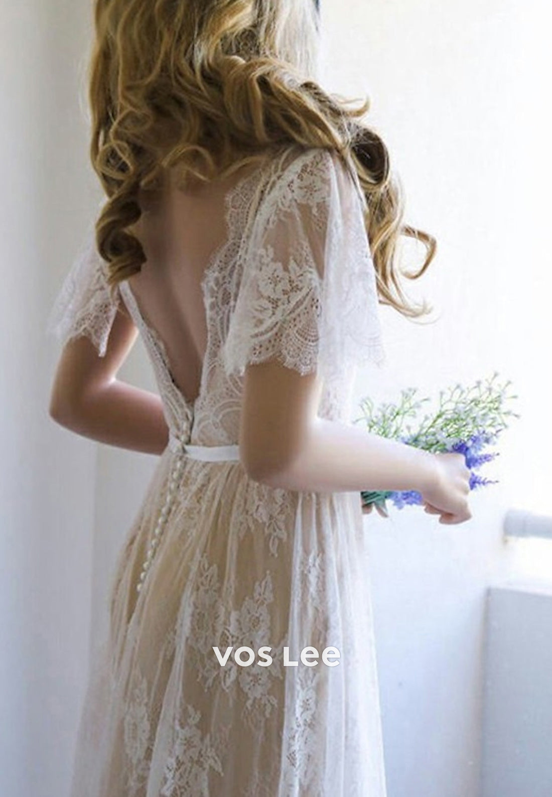 A-Line Flutter Sleeves V Neck Appliques Lace Wedding Dresses with Sweep Train