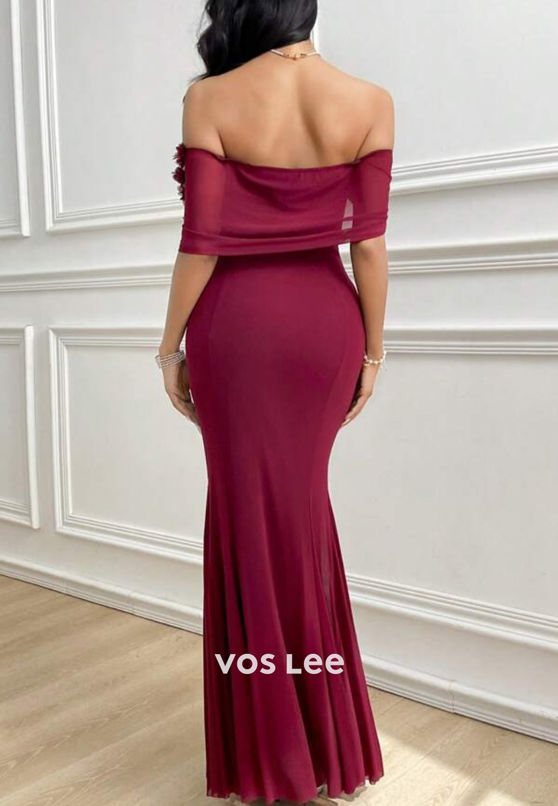Off the Shoulder Floral Embellished Pleated Ankle-Length Mermaid Evening Dresses