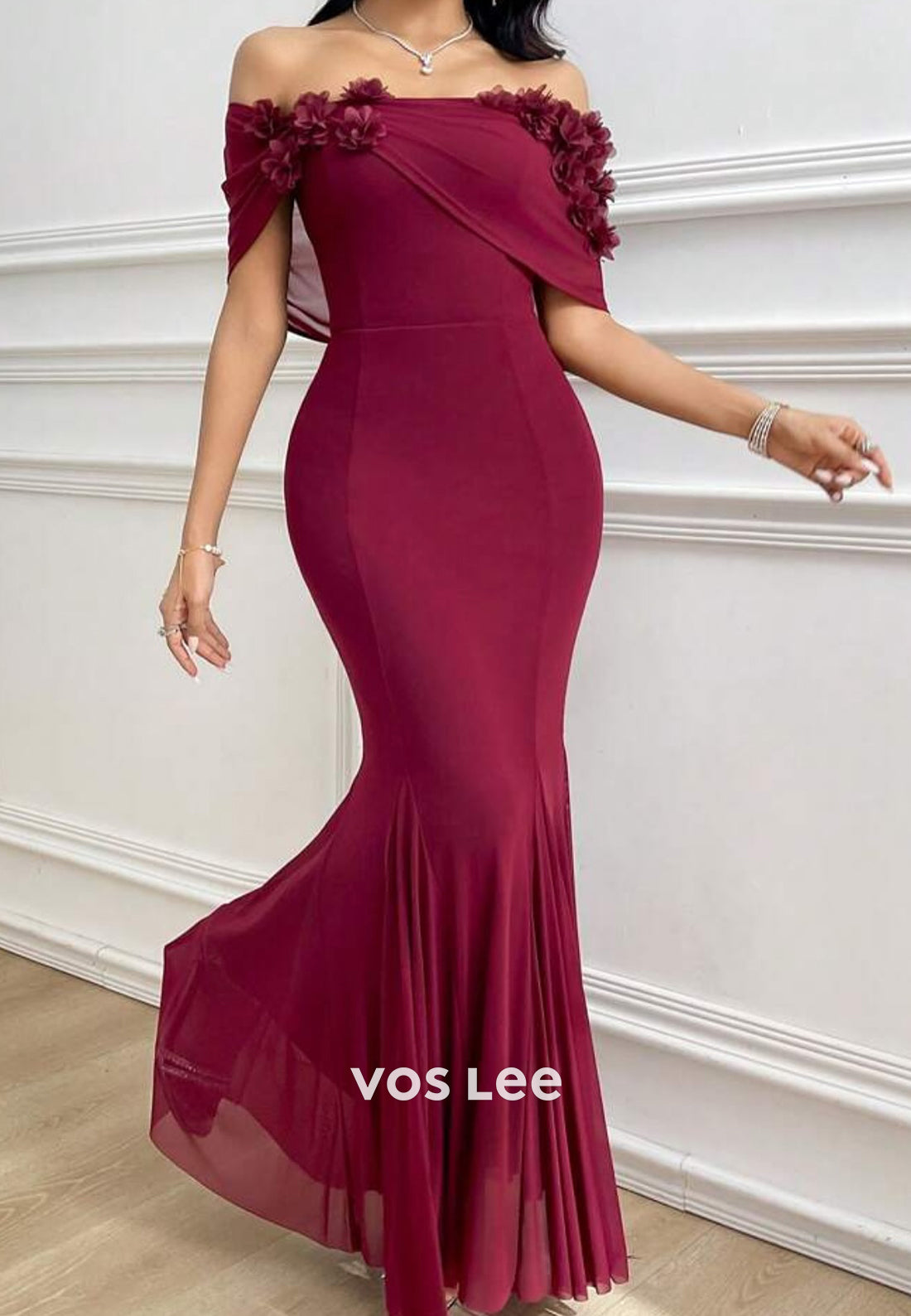Off the Shoulder Floral Embellished Pleated Ankle-Length Mermaid Evening Dresses