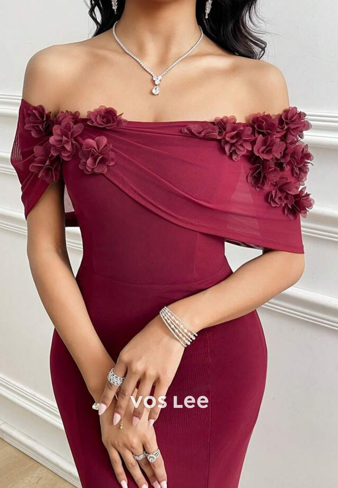 Off the Shoulder Floral Embellished Pleated Ankle-Length Mermaid Evening Dresses