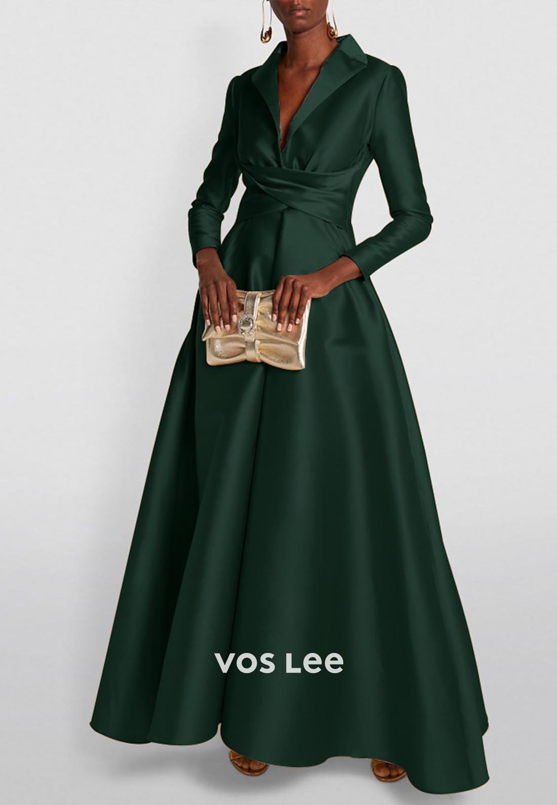 A-Line V Neck Ruched Floor-Length Long Sleeves Sleek Evening Dress