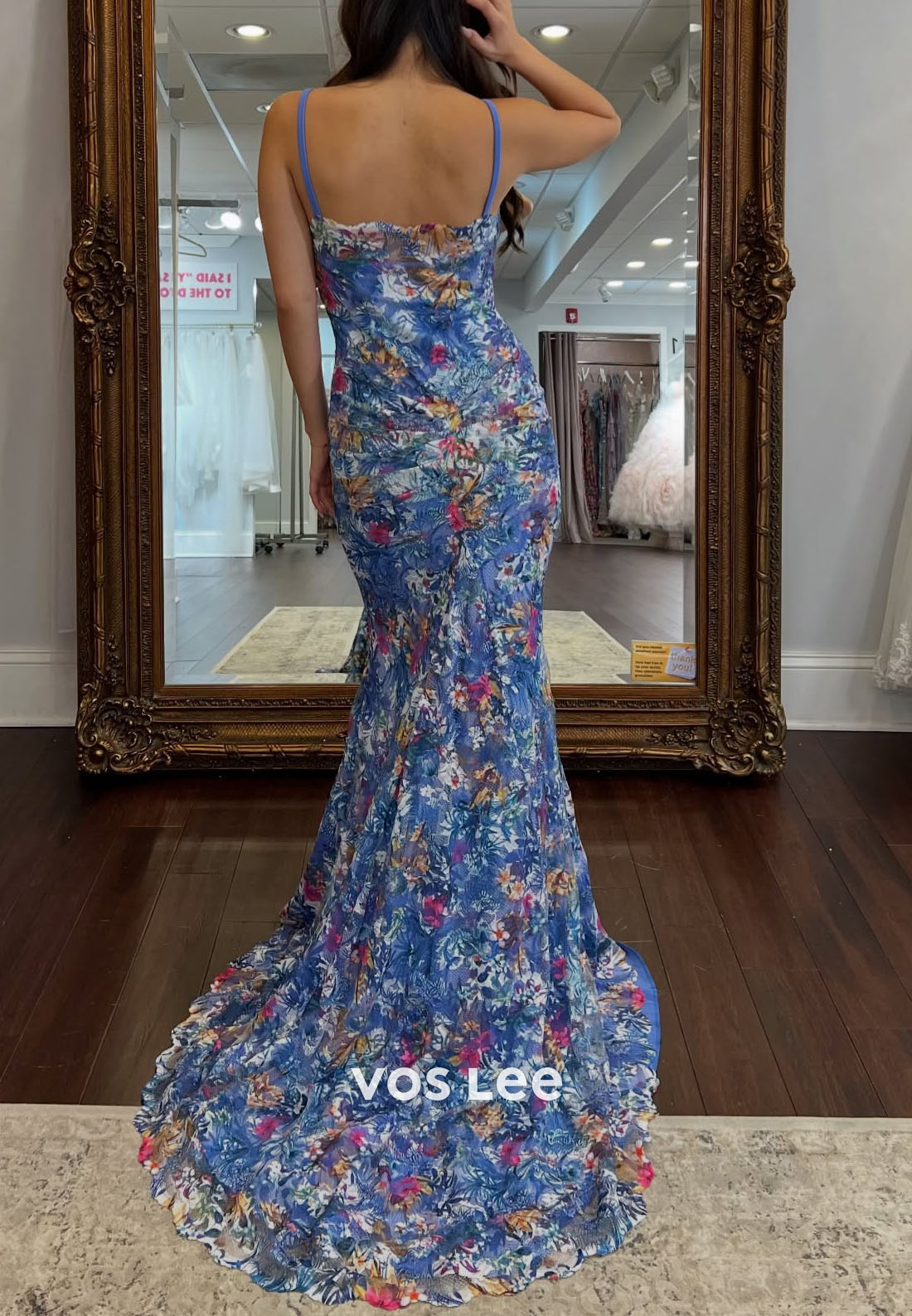 Blue Spaghetti Straps Floral Print Mermaid Prom Dress With Pleat
