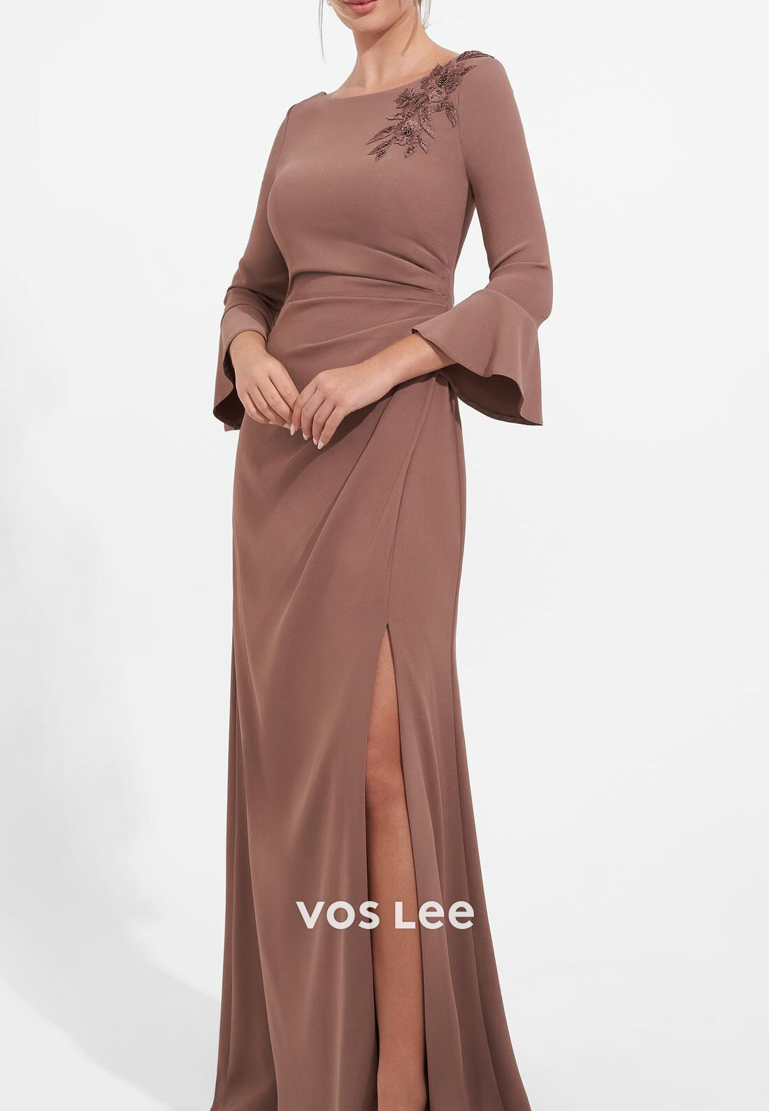 Bell Sleeves Scoop Beaded Embroidered Sheath Floor-Length Mother of Bride Dresses