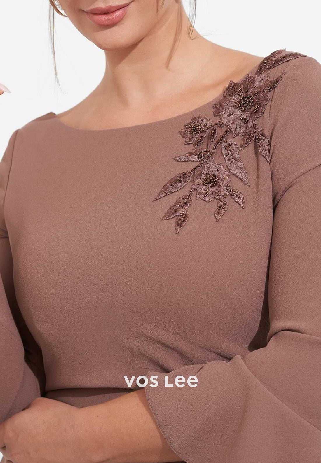 Bell Sleeves Scoop Beaded Embroidered Sheath Floor-Length Mother of Bride Dresses