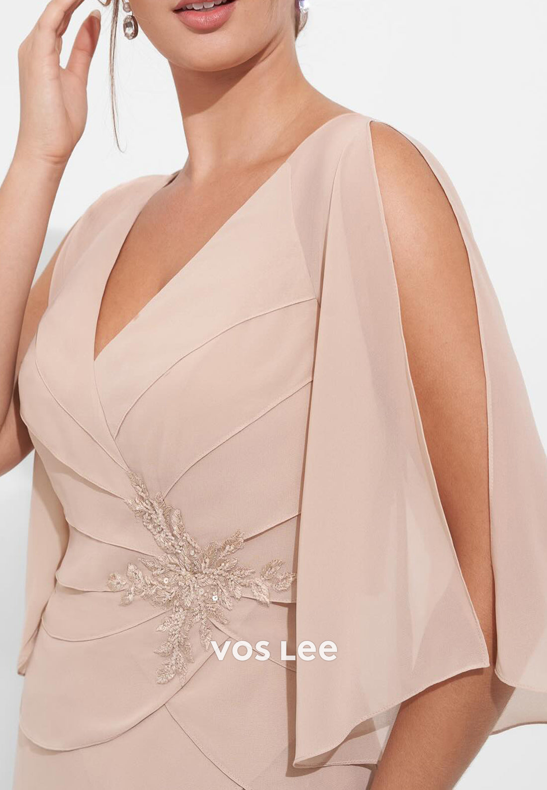 A-Line Flutter Sleeves V Neck Embroidered Floor-Length Tiered Mother of Bride Dresses