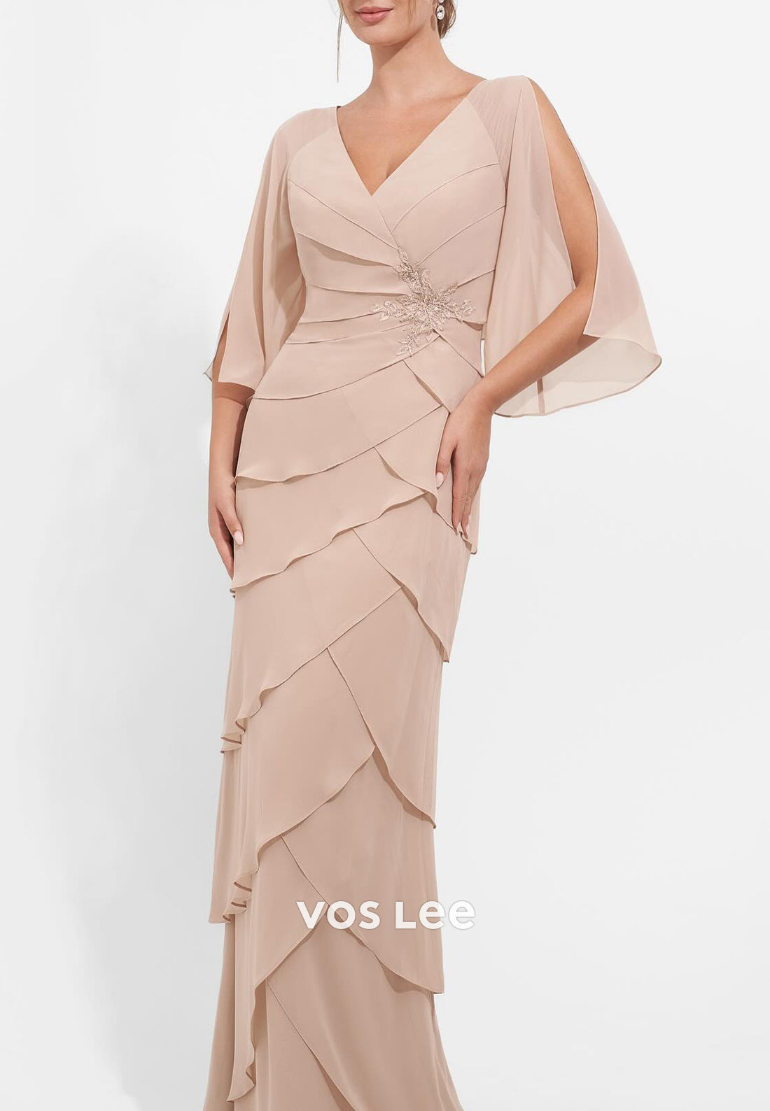 A-Line Flutter Sleeves V Neck Embroidered Floor-Length Tiered Mother of Bride Dresses