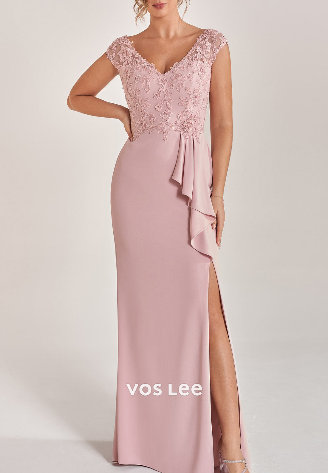 Cap Sleeves V Neck Appliqued Ruched Sheath Mother of Bride Dresses with Side Spilt