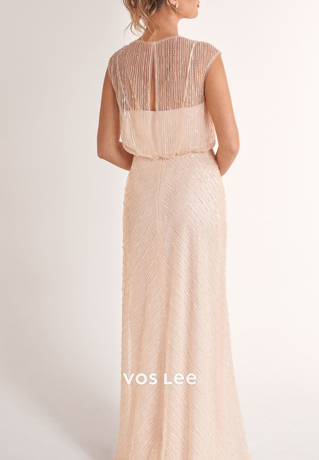 V Neck Fully Sequined Pearls Illusion Pleated Sheath Mother of Bride Dresses with Spilt