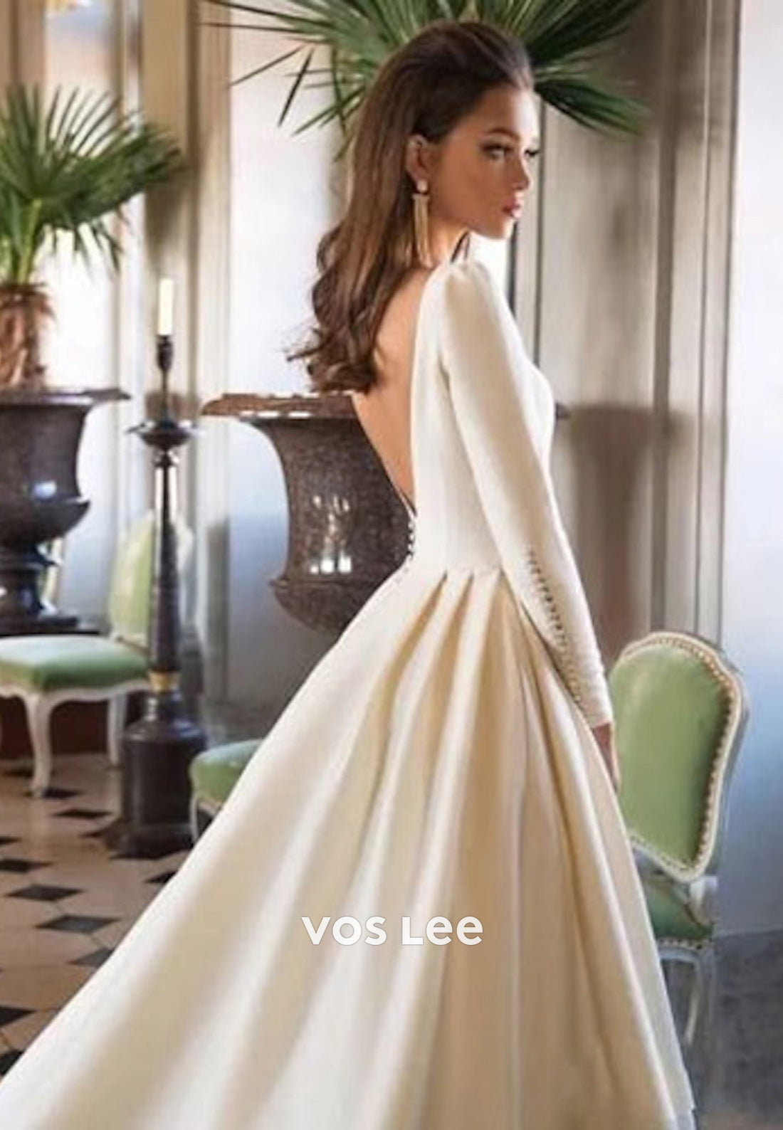 Simple A-Line Long Sleeve Bateau Neck Pleated Wedding Dresses with Chapel Train