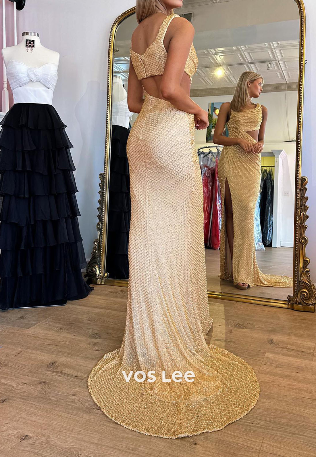 Sparking Gold Crystals Cut-Out High-Slit Long Party Dress