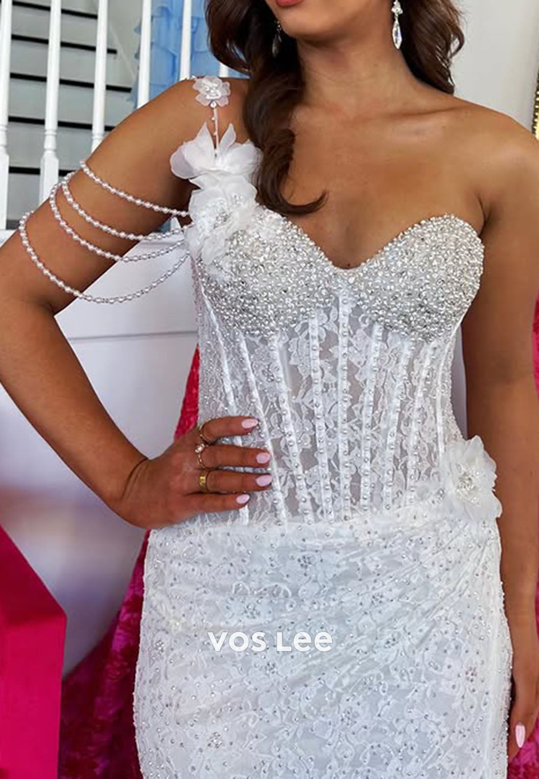 Lace Beading Crystals Slit Party Dresses One Shoulder Floor-Length Prom Dress