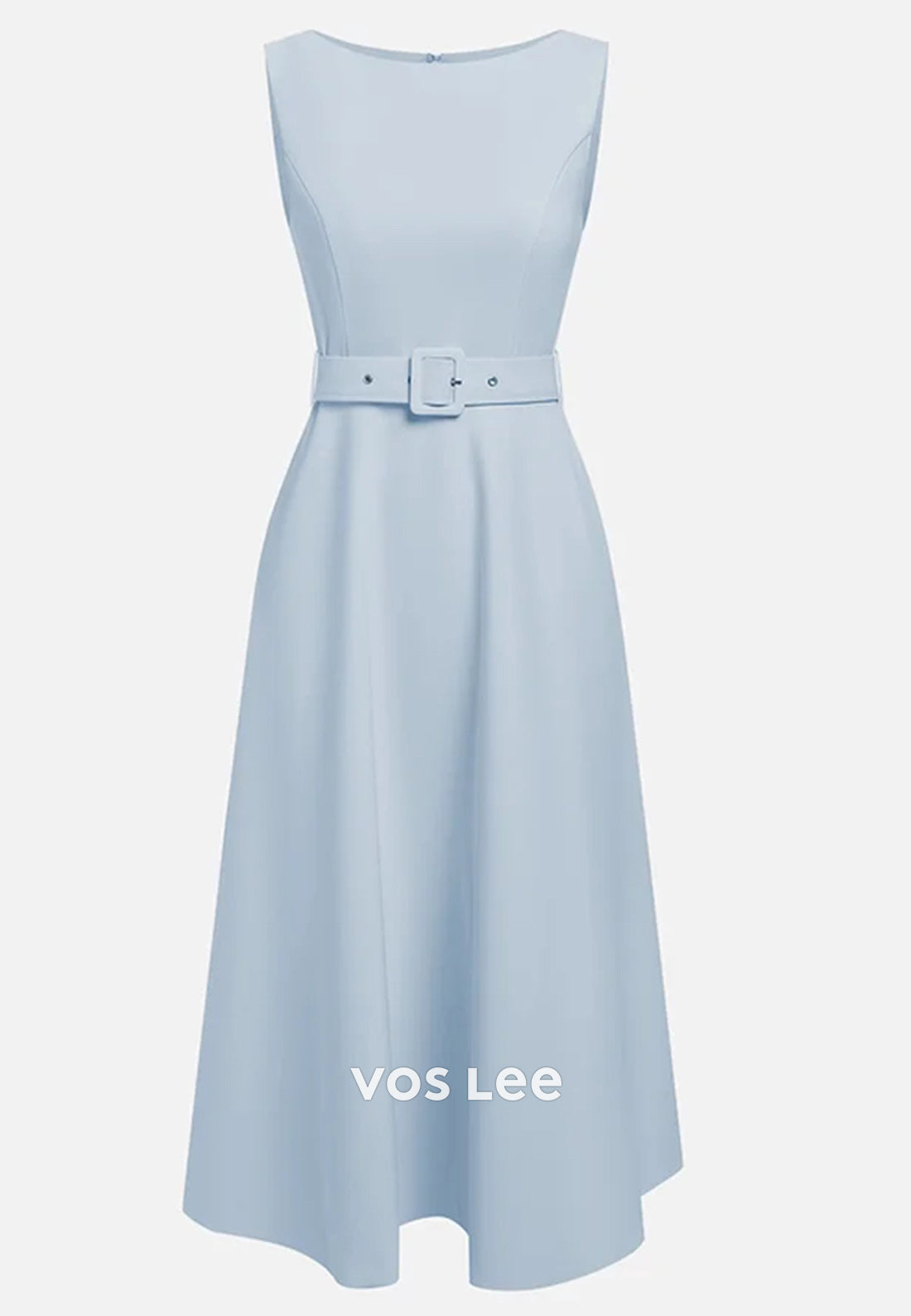 Sky Blue A-Line Empire Waist Scoop Tea-Length Wedding Guest Dresses