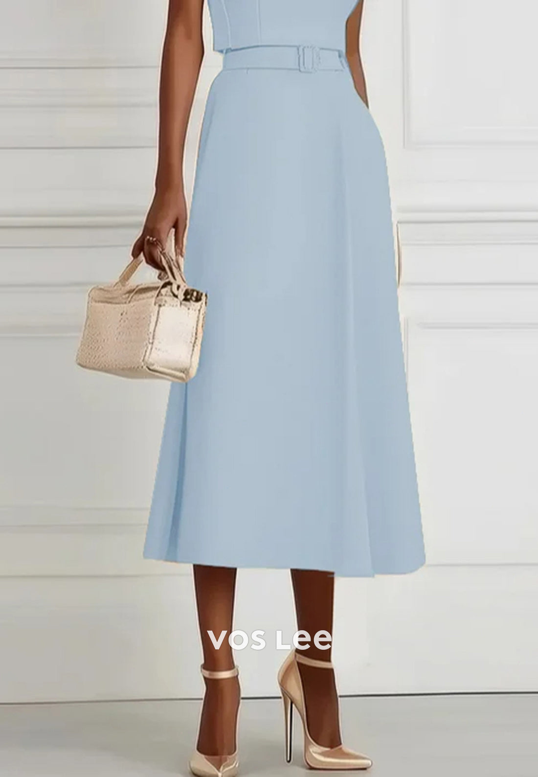 Sky Blue A-Line Empire Waist Scoop Tea-Length Wedding Guest Dresses