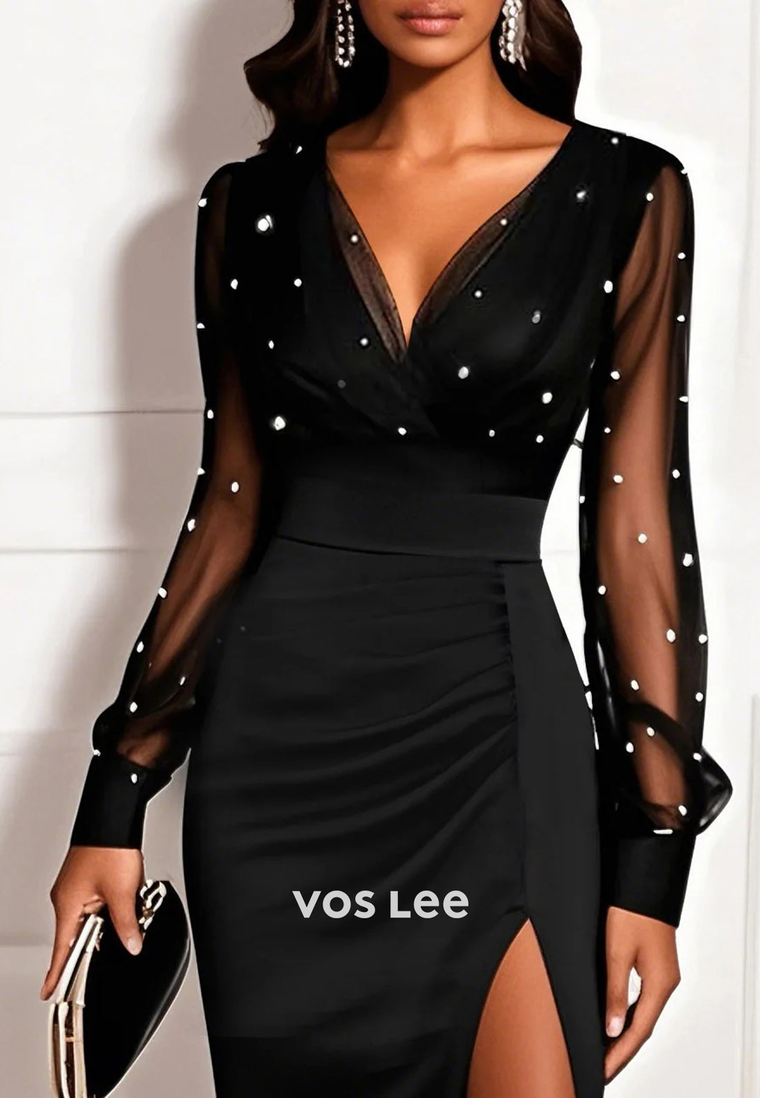 Long Sleeve V Neck Tulle Pleated Sheath Wedding Guest Dresses with High Split