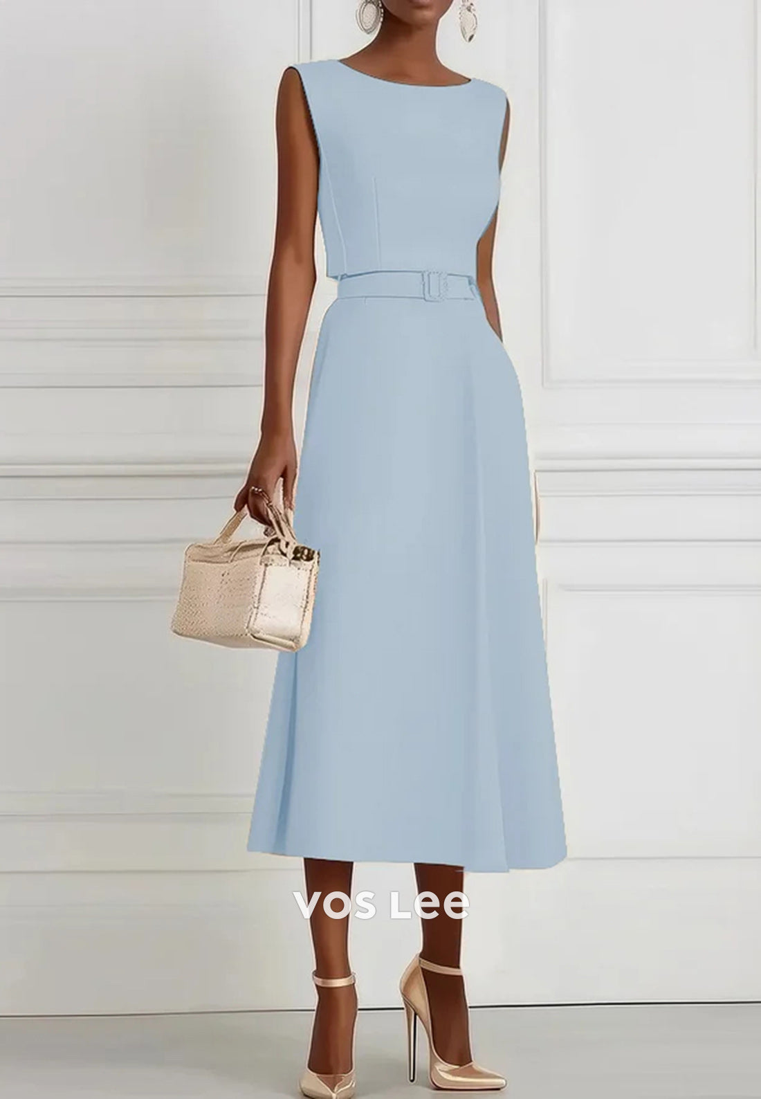 Sky Blue A-Line Empire Waist Scoop Tea-Length Wedding Guest Dresses