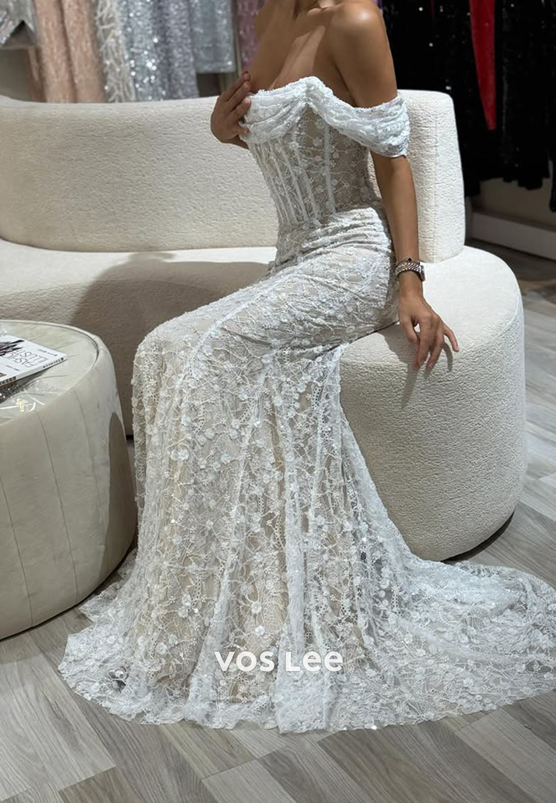 Off-the-Shoulder Lace Appliques Beading Mermaid Evening Dress
