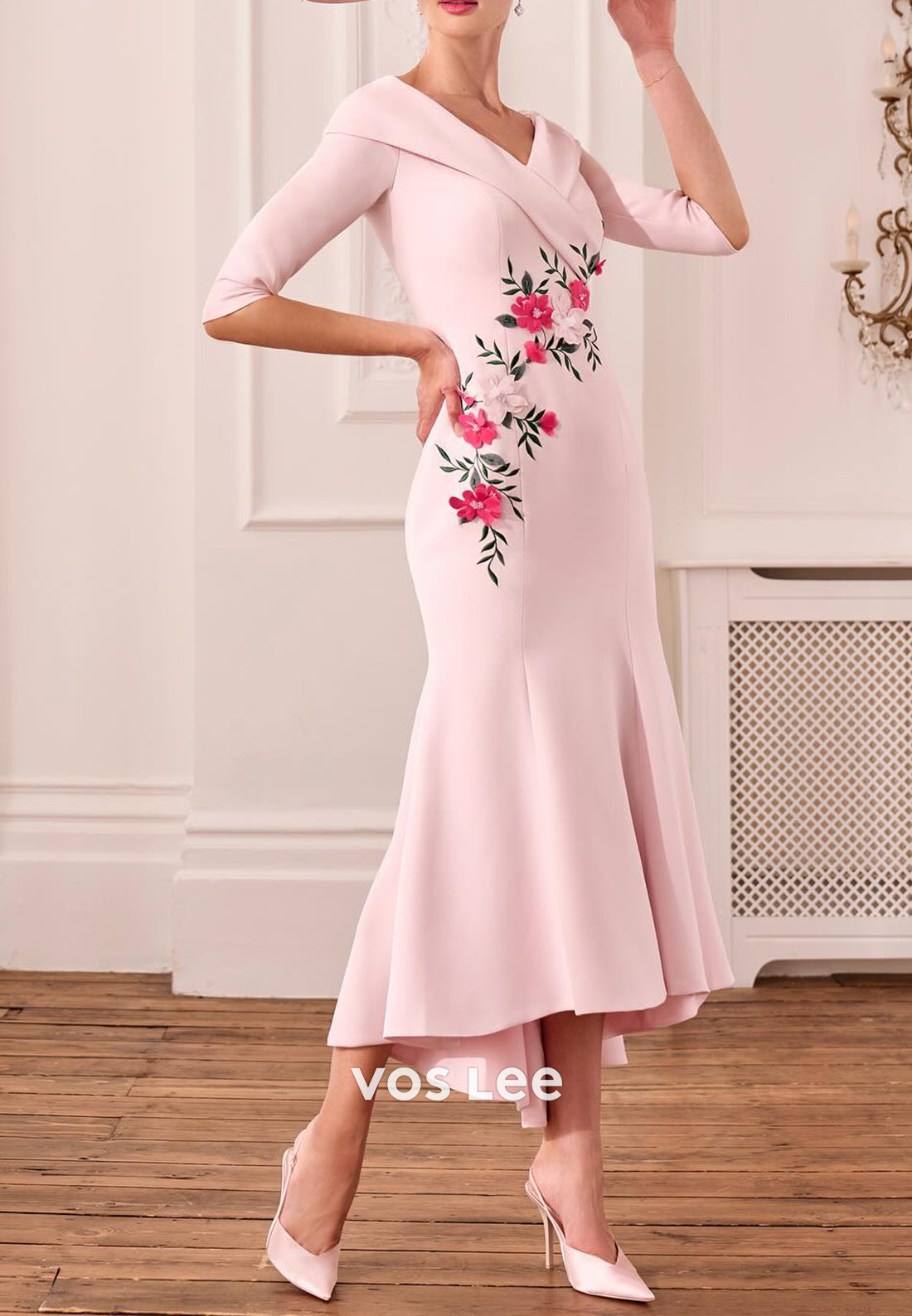 Simple Half Sleeve V Neck Floral Embossed Tea-Length Mermaid Mother of Bride Dresses