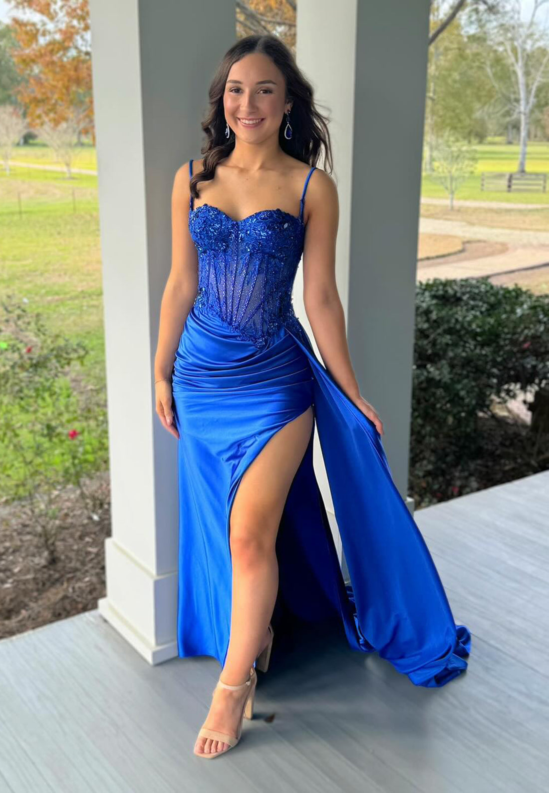 Gorgeous Spaghetti Straps Satin Prom Dress with Slit Sweetheart Lace Zipper Back Party Dress