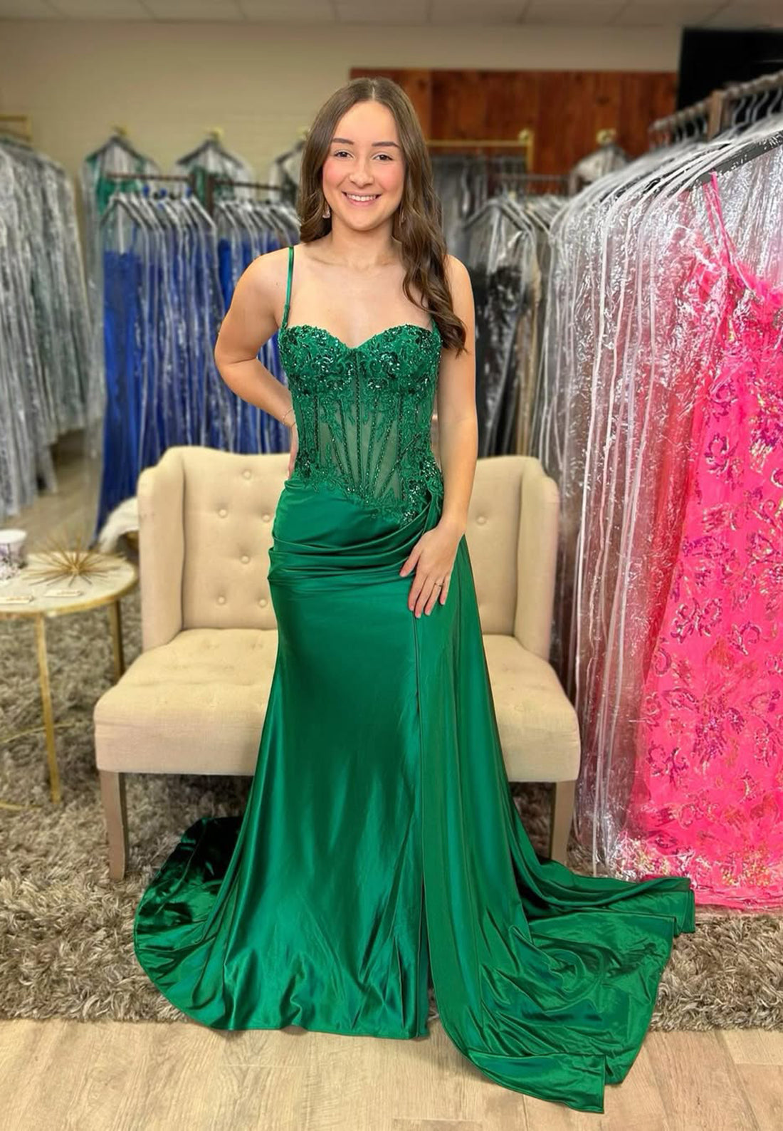 Gorgeous Spaghetti Straps Satin Prom Dress with Slit Sweetheart Lace Zipper Back Party Dress