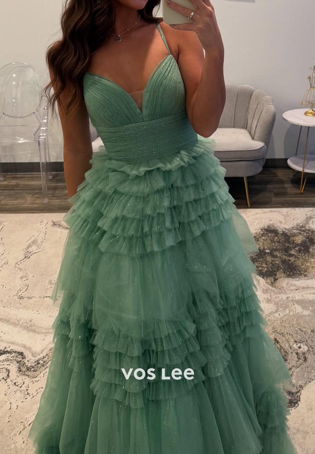 A-Line Halter V Neck Pleated Tiered Ornate Evening Formal Dresses