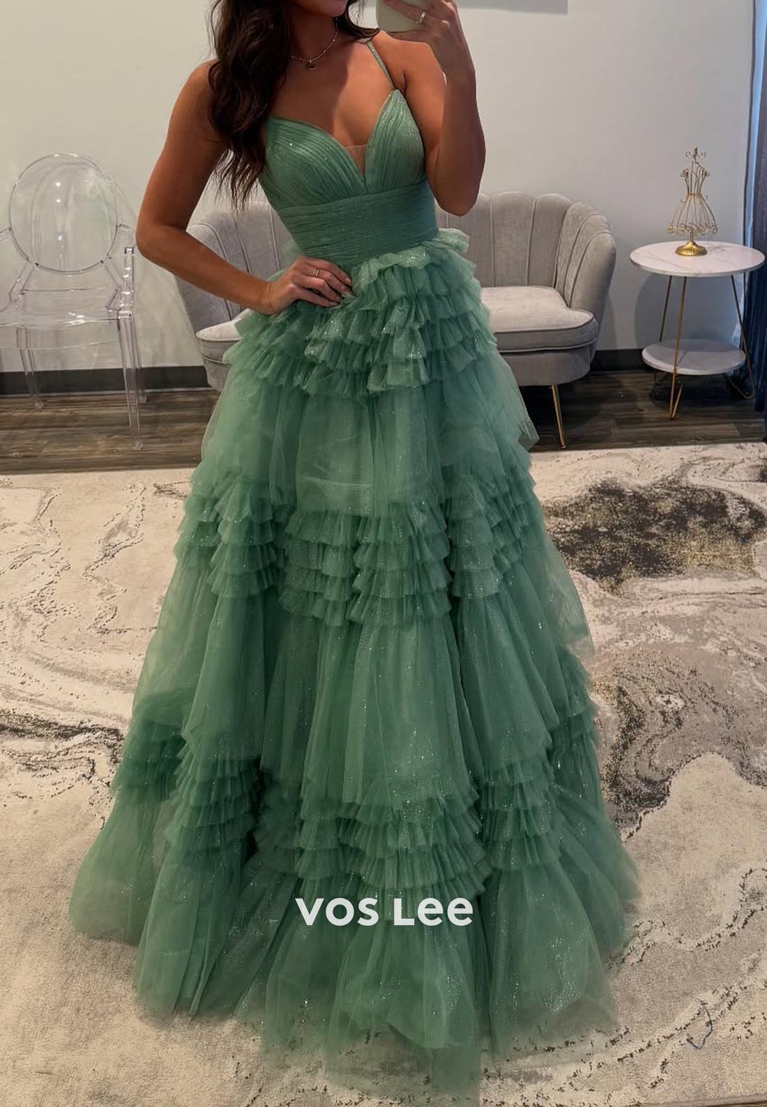 A-Line Halter V Neck Pleated Tiered Ornate Evening Formal Dresses