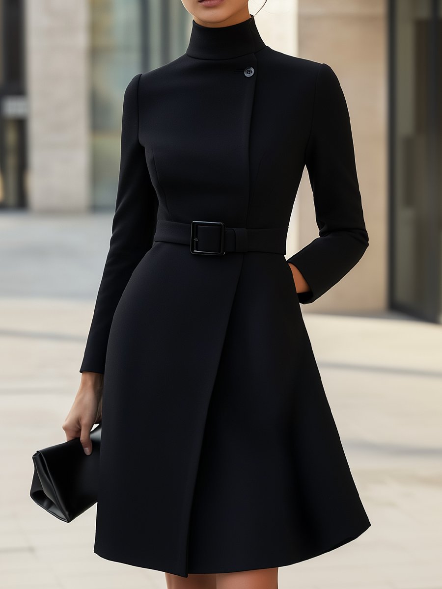 Black High-Neck Asymmetric Belted A-Line Dress VOS LEE Black High-Neck Asymmetric Belted A-Line Dress VOS LEE