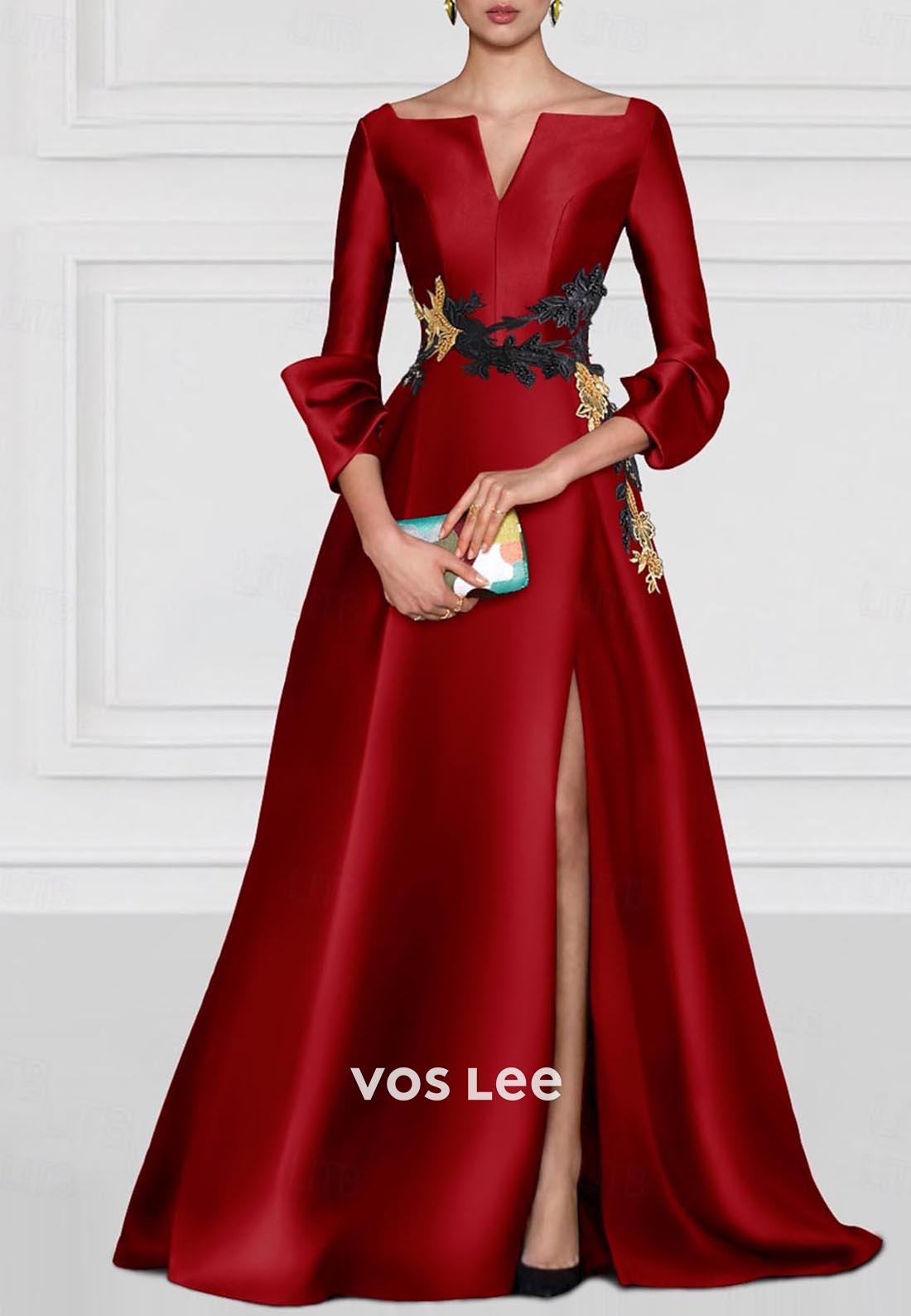 A-Line V Neck Long Sleeves Mother of Bride Evening Dress with High Split