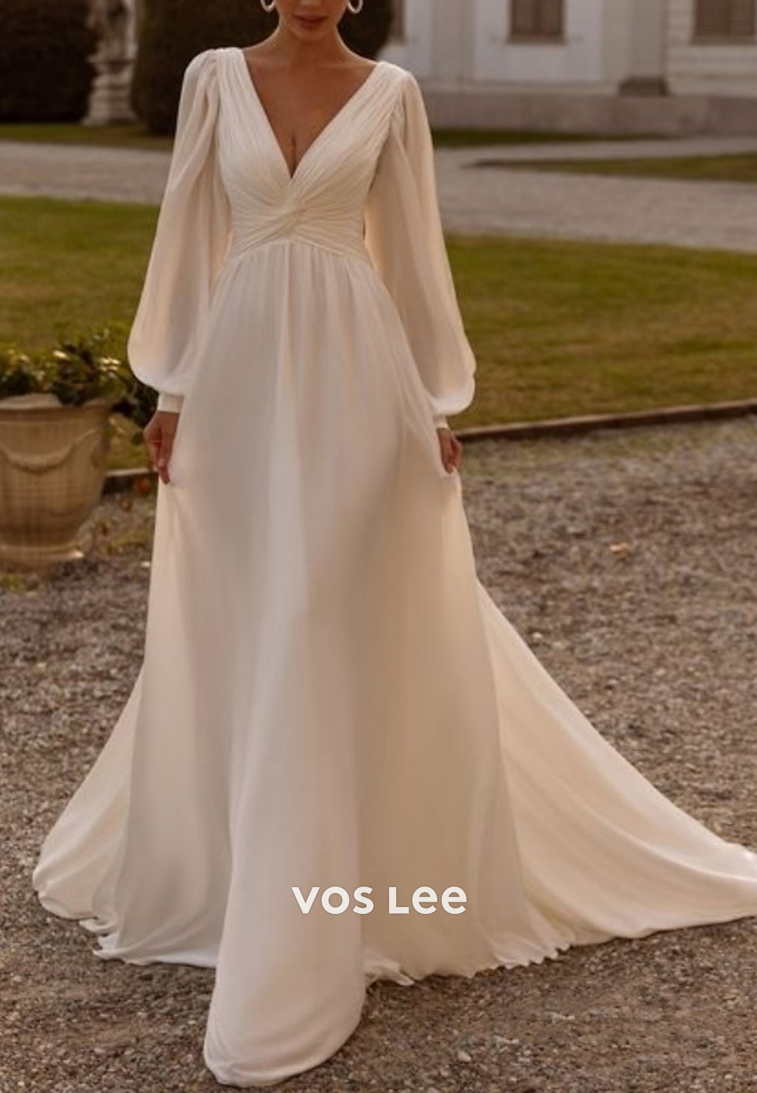 Sexy and Sleek A-Line Long Sleeve V Neck Pleated Wedding Dresses with Sweep Train