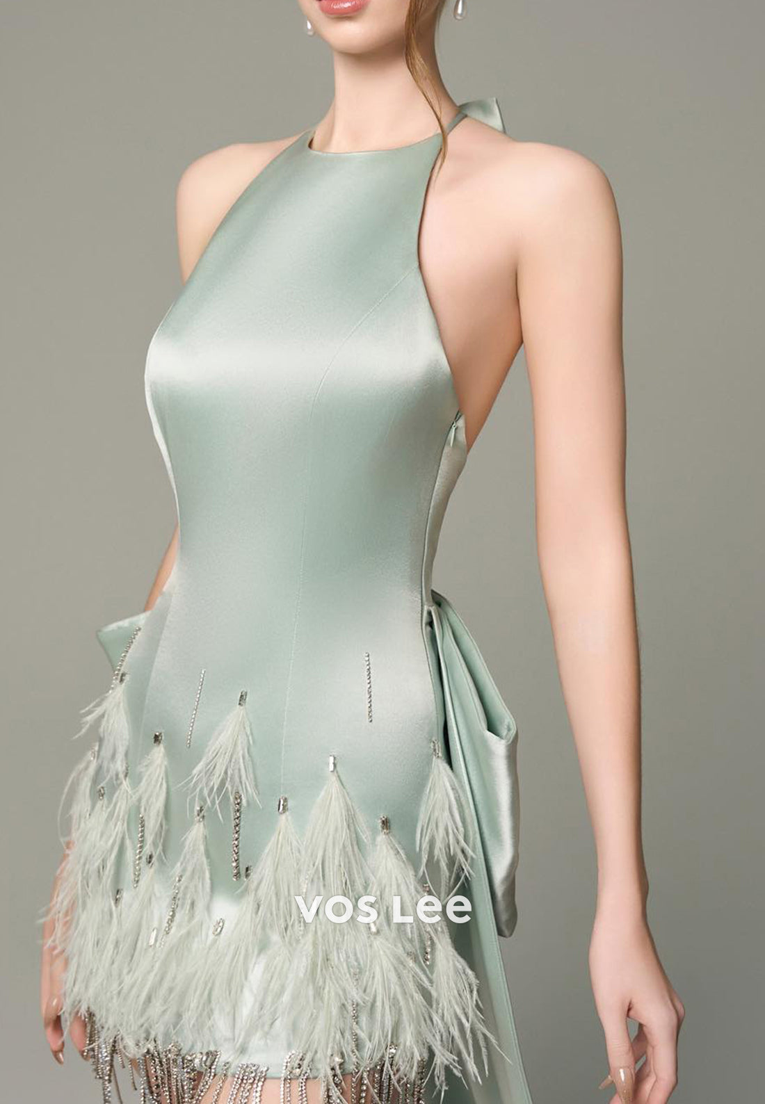Glamorous & Dramatic High Low Halter Rhinestone Bowknot Feather Evening Dresses