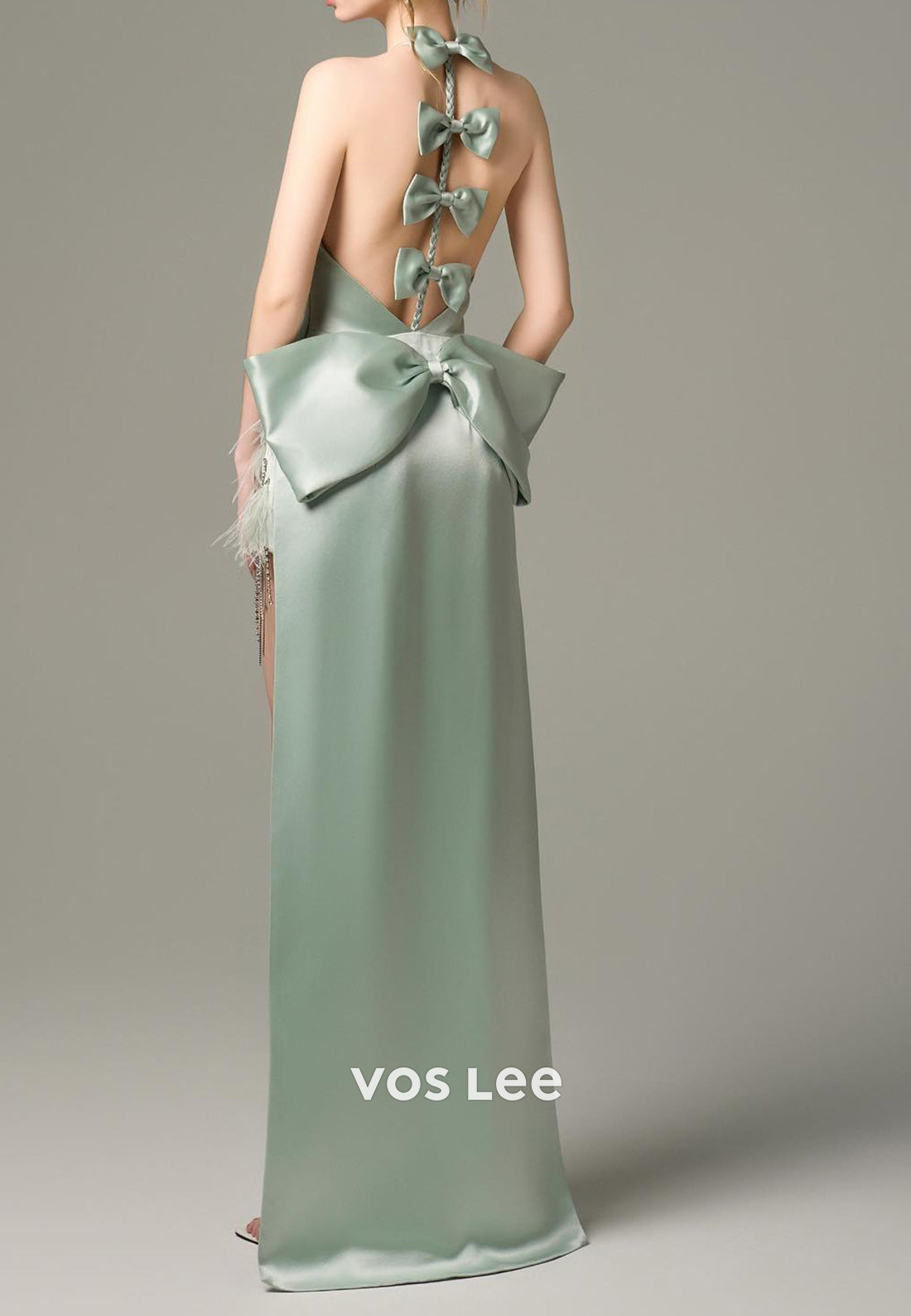 Glamorous & Dramatic High Low Halter Rhinestone Bowknot Feather Evening Dresses