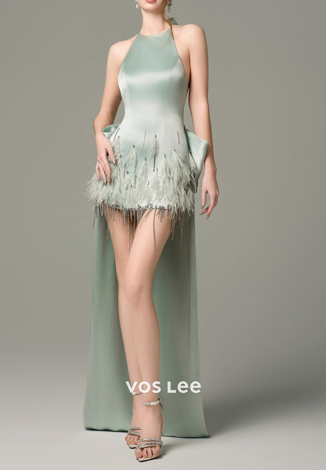 Glamorous & Dramatic High Low Halter Rhinestone Bowknot Feather Evening Dresses