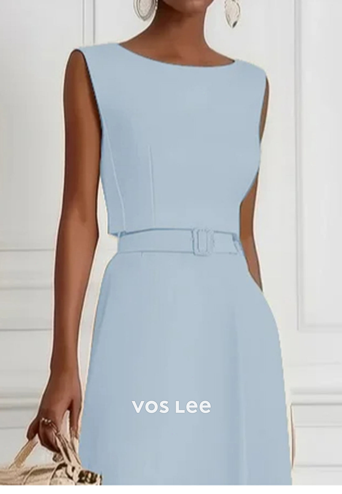 Sky Blue A-Line Empire Waist Scoop Tea-Length Wedding Guest Dresses