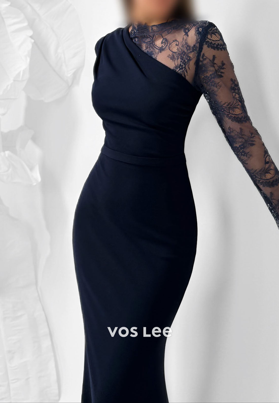 Black Satin Lace Long Sleeves Mermaid Long Evening Dress