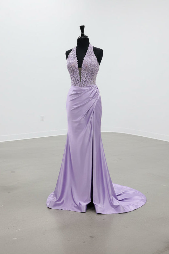 Halter Green Appliques Satin Ruched Prom Dress